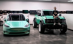 Turquoise 2021 Ford Bronco Has “Puny” Owner, Matching Garage Sibling Is a Tesla
