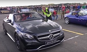 TVR T350T Nearly Crashes in Mercedes-AMG S63 Cabriolet Drag Race