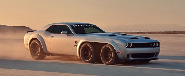 Twin-Engined, Six-Wheeled Challenger Hellcat Rendering Is an EV Hater