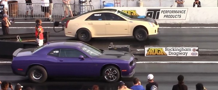 Twin-Turbo Cadillac CTS-V drags Mustang, Model 3, Civic, Challenger Hellcat on DRACS