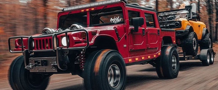 Twin Turbo LSX Hummer H1 Alpha with surfer's 302ci V8 2021 Ford bronco on tow rendering 