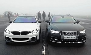 Two Diesels Smoke Quarter-Mile Sprint in a Quiet AWD Showdown in the Fog