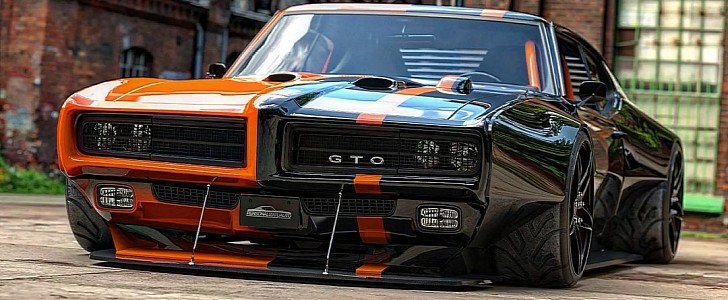 Two-Face Orange Black Pontiac GTO slammed widebody rendering by personalizatuauto 