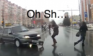 Two Lucky Pedestrians Narrowly Avoid Crash