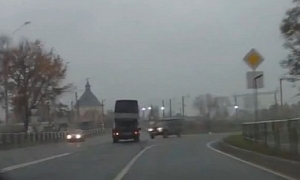UAZ 4x4 Crashes Into Flatbed Truck Carrying Smaller Truck