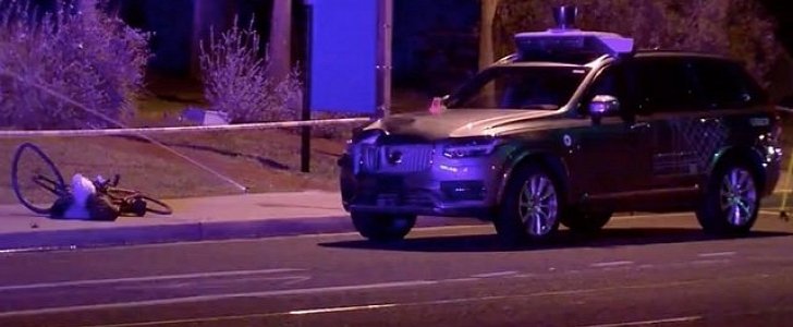 Driverless Volvo XC90 from Uber at the scene of the fatal crash in Tempe, Arizona