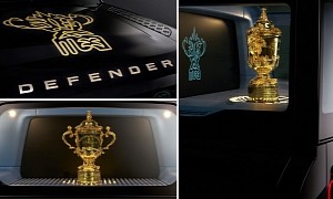 Unique Electric Hybrid Land Rover Defender Celebrates Rugby World Cup Trophy in Style