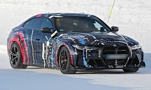 Upcoming BMW M Quad-Motor EV Spied Cold-Weather Testing With M3 CS Grille, i4 Bodyshell