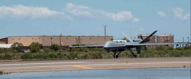 An MQ-9 Reaper takes off from Creech Air Force Base on July 8