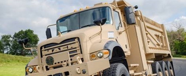The M917A3 heavy dump truck is a rougher version of the civilian Mack Granite.