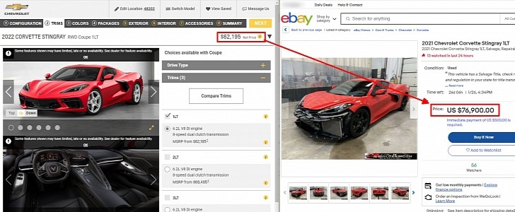 A salvage title C8 Corvette is listed at $77,000 on eBay, which is more than its sticker price