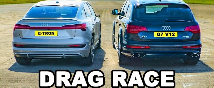 V12 Diesel Audi Q7 Drag Races New e-tron Electric SUV, the Gap Is Clean