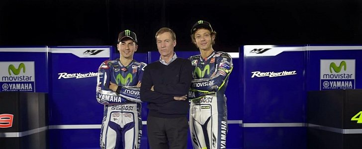 Lin Jarvis with the two Movistar Yamaha riders