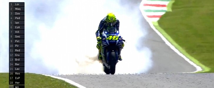 Rossi's bike engulfed in smoke at Mugello, 2016