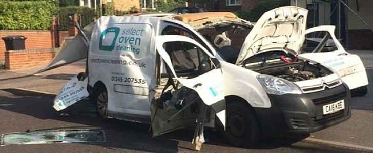 Wrecked van after propane bottle caused an explosion inside
