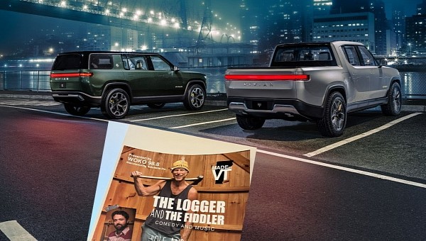 Rivian R1T, Rivian R1S, and the Show's Poster