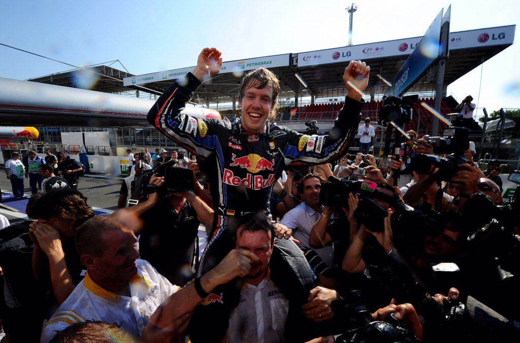 Sebastian Vettel celebrates Brazilian GP win