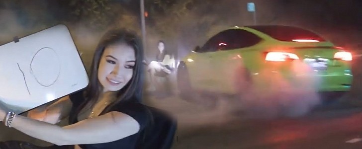 Young Women Rating Cars Doing Donuts Around Them