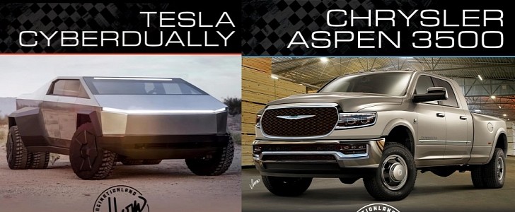 Chrysler Aspen 3500 and tesla Cyberdually renderings by jlord8