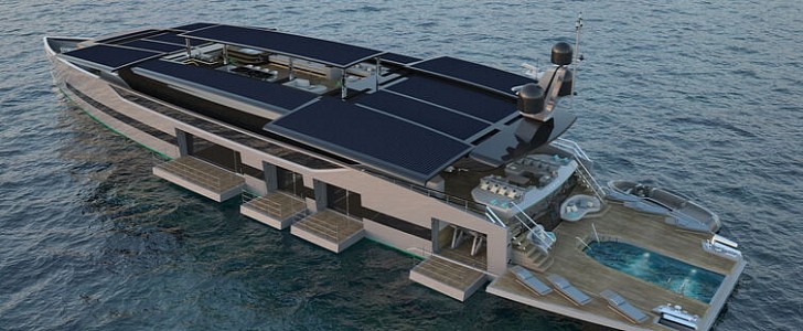 VisionE is a hybrid superyacht that can open up to the exterior, maximizing available space