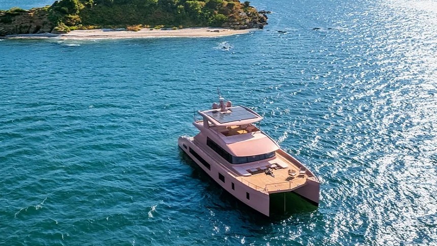 Custom VisionF 80 catamaran with a pretty pink hull