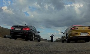 Volkswagen Arteon vs. BMW 5 Series Drag Race Has Crazy Drone Footage