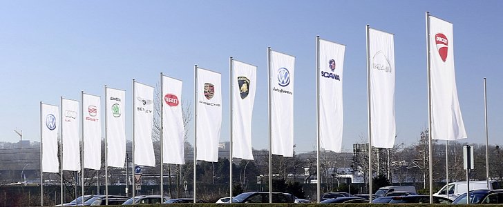 Volkswagen Group brands on flags in front of corporate headquarters