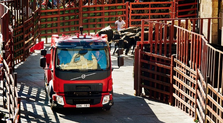 Volvo Truck Chased by Bulls in Spain 
