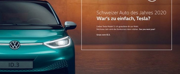 Volkswagen mockingly congratulates Tesla for winning Swiss Car of the Year