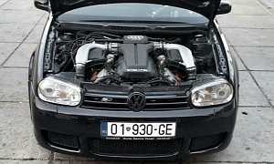 VW Golf with Audi RS Twin-Turbo V10 Engine Has a Heavy Nose, but Goes like Hell