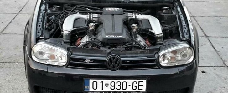 VW Golf with Audi RS Twin-Turbo V10 Engine