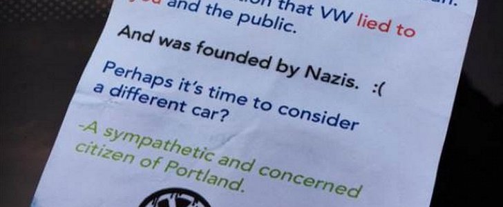 VW TDI Owner in Portland Finds This Note in His Windshield: Emissions and Nazis