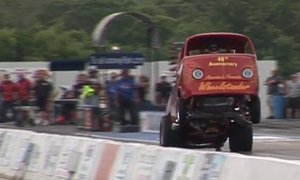 Watch a 1973 VW Bus Pull a 9s Quarter Mile... Wheelstand, Driver Is 72
