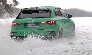 Watch a 2022 Audi S3 Sportback in "Grinch Green" Launch, Slide, Have Fun in the Snow