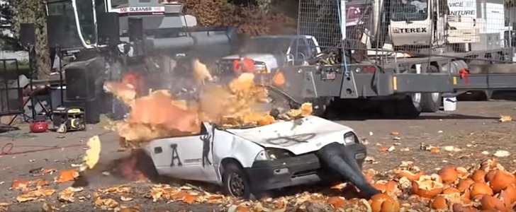 Giant pumpkin is dropped onto run-down Geo Metro, completely destroys it