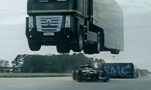 Watch a Renault Truck with Trailer Jump a Speeding Lotus F1 Car: World Record