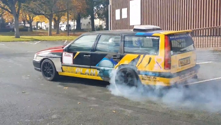 Twin-Engined Volvo Wagon Pulling a Burnout with Its Rear Engine