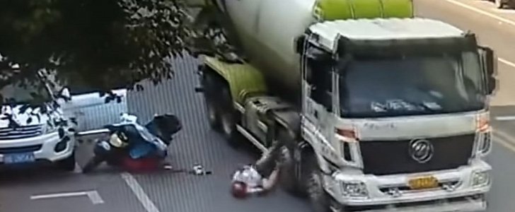 Woman is knocked off her scooter, thrown under concrete truck, miraculously survives
