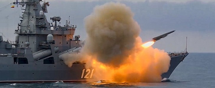 Guided missile cruiser Moscow fires a Vulkan missile during military exercise