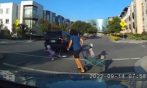 Speeding SUV Misses Child by Inches at Crosswalk, Driver Doesn't Look Back