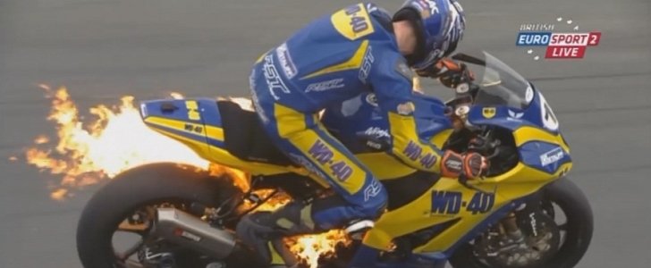 Taylor Mackenzie preparing to jump from his bike that caught on fire