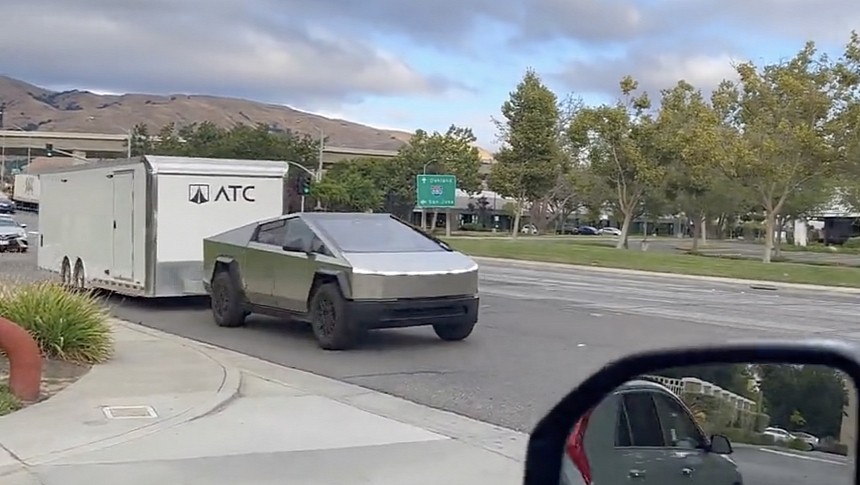 Tesla Cybertruck spotted pulling a large trailer