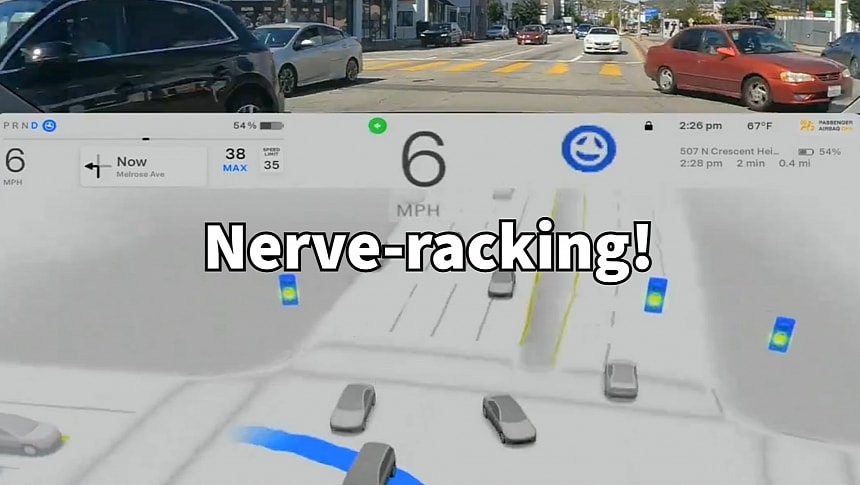 Tesla FSD V12.3 performing nerve-racking unprotected left turn across multiple lanes