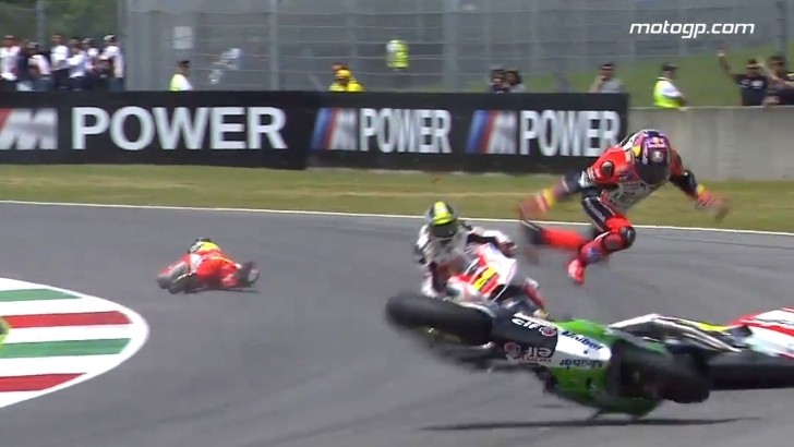 Stefan Bradl flies through the air at Mugello, after being hit by Cal Crutchlow's bike