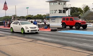 Watch This Jeep Wrangler Rubicon 392 Drag Race a Cadillac CTS-V Wagon and a Tesla Model 3