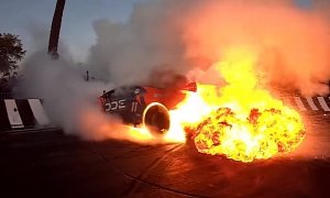 Watch This Lamborghini Huracan Drift, Donut, Crash Into Barrier, Then Catch Fire
