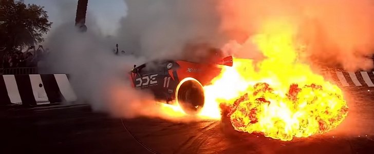 Watch This Lamborghini Huracan Drift, Donut, Crash Into Barrier, Then Catch Fire