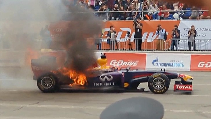 Watch this Red Bull Show Car Catch Fire in Russia 