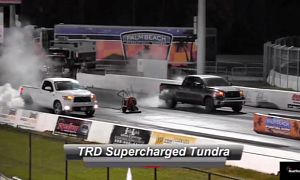 Watch Two TRD Supercharged Toyota Tundras Doing the 1/4