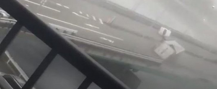 Trailer truck and van are blown away by Typhoon Jebi in Japan